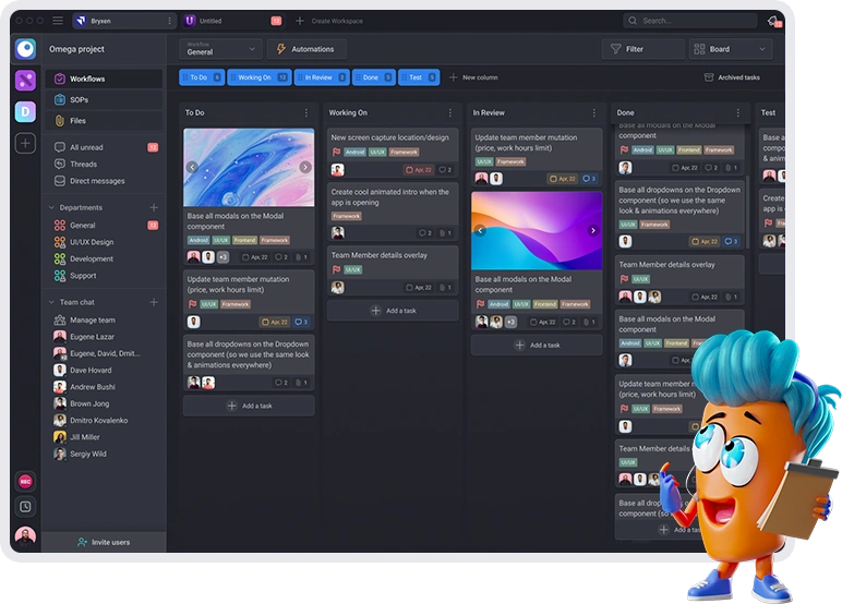 Tablero de flujo de trabajo Kanban de Teamly con columnas y tarjetas de tareas; una ilustración de la mascota de Teamly aparece superpuesta al tablero