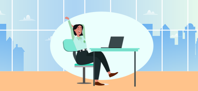 Illustration shows a a lady on her desk happy stretching her arm.
