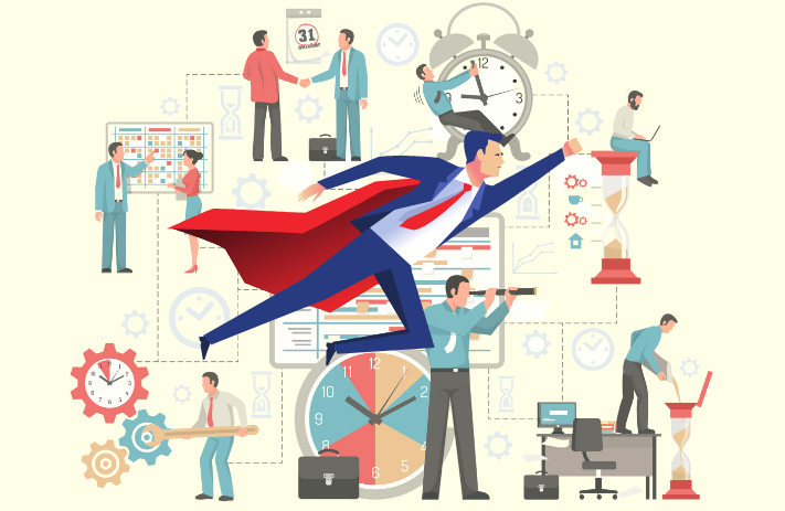 Illustration of a man wearing a corporate outfit and has a cape. The man is flying and behind him is a work management scenario.