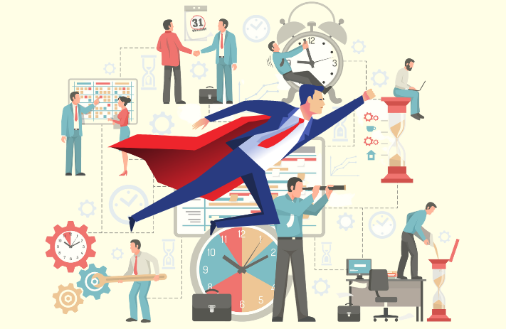 Supercharging Your Productivity: The Power of Work Management Illustration of a man wearing a corporate outfit and has a cape. The man is flying and behind him is a work management scenario.