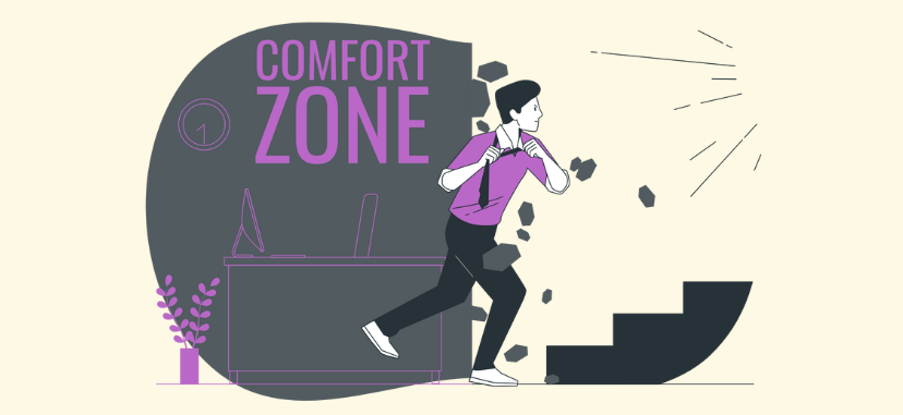 Illustration shows a man getting out of his comfort zone.