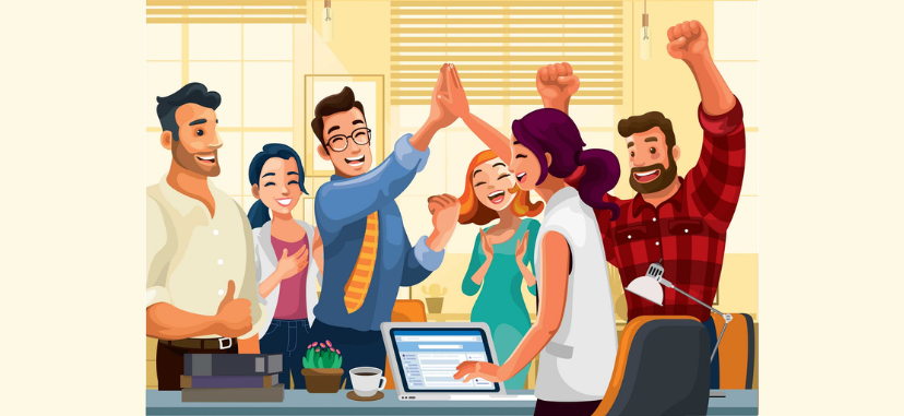 Illustration of office workers, giving a high-five, celebrating good work!