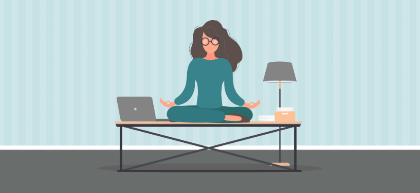 Illustration shows a girl meditating on her desktop to represent focus.
