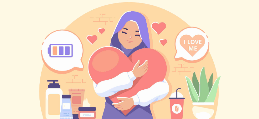 Illustration shows a girl hugging a heart pillow to represent a girl prioritizing self-care.