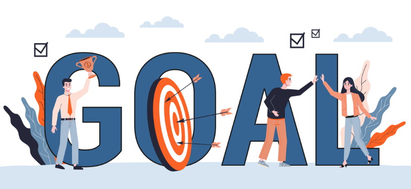 Illustration shows the name goal with people standing on each letter.