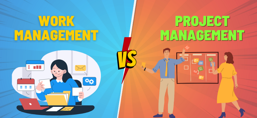 Illustration of work management versus project management where you can see a girl working under work management and on the side of project management are workers discussing their project.