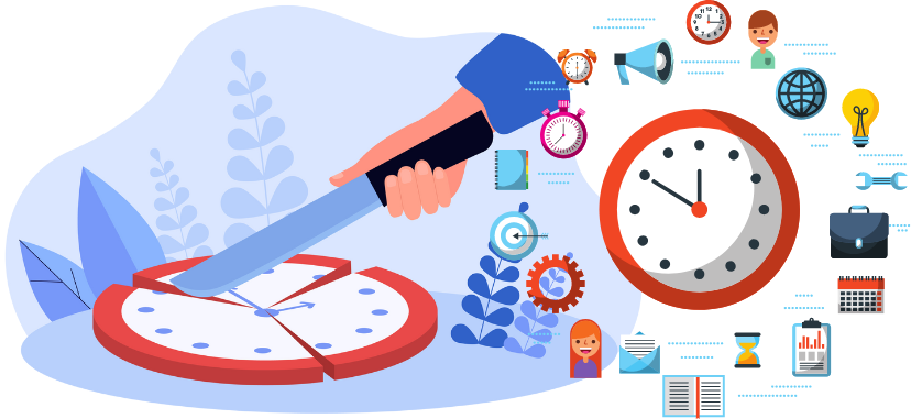 Illustration shows a clock being sliced like a pie to represent time management.
