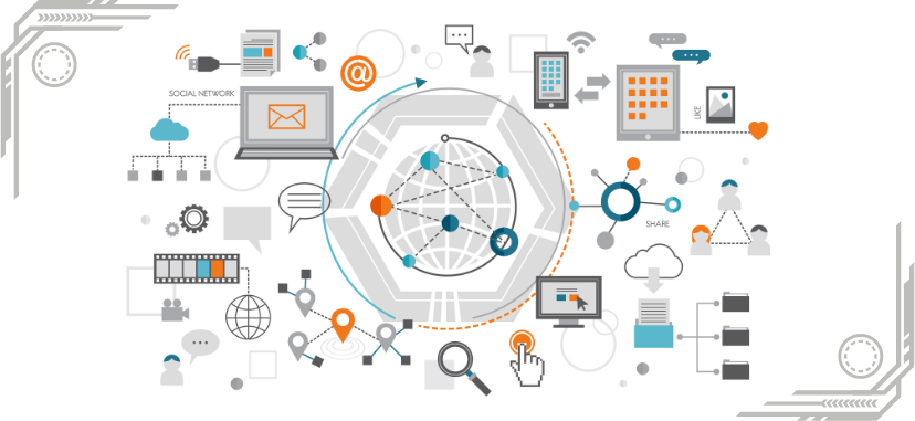 Illustration shows the technology and network used at work. 