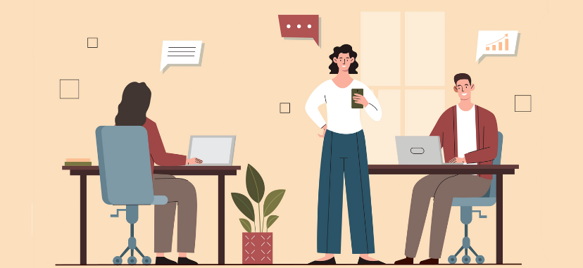 Illustration shows people in the office talking to each other to represent communication skills.