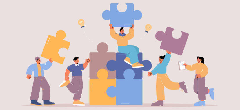 Illustration shows a group of employees holding a puzzle piece to represent collaboration.
