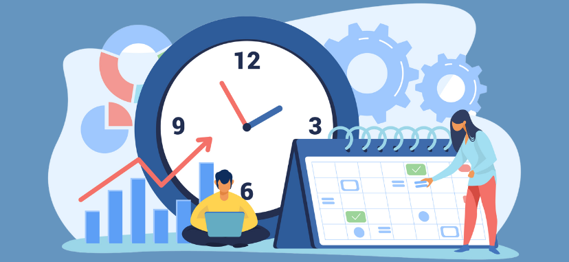 Illustration represents employees working on their schedule, checking calendar.