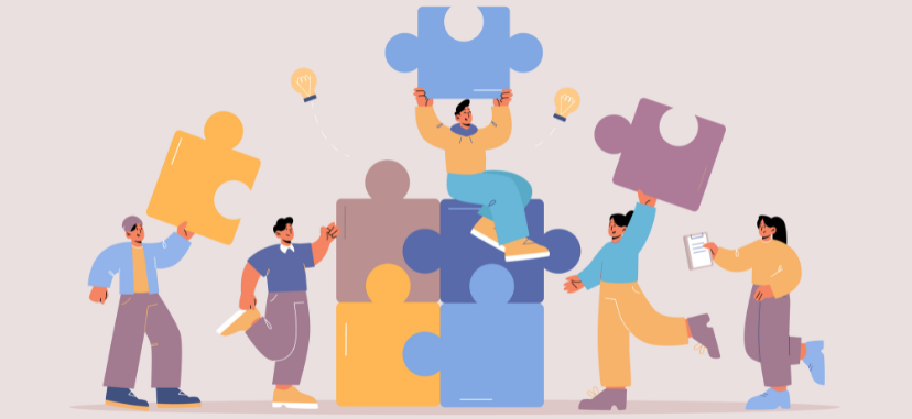 Illustration represents employees holding a puzzle piece.