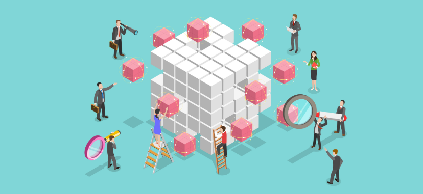 Illustration shows corporate employees working together building a puzzle.